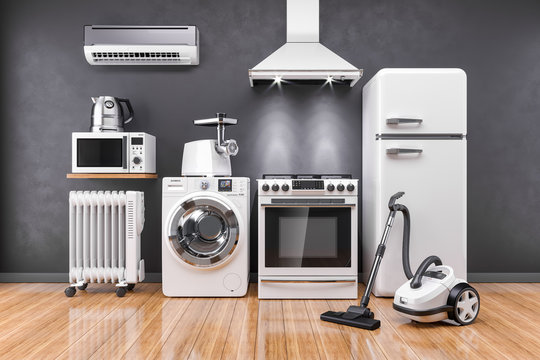 A collection of modern home appliances including a refrigerator, washing machine, oven, microwave, air conditioner, and vacuum cleaner in a stylish room with wooden flooring.