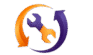 Stylized wrench logo with orange and purple circular arrows symbolizing repair and service rotation.