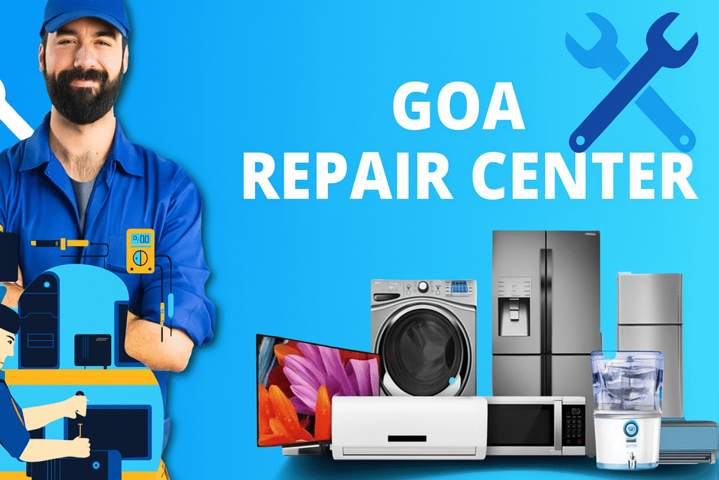 Technician in blue uniform standing next to various home appliances with Goa Repair Center text and repair icons on a blue background.